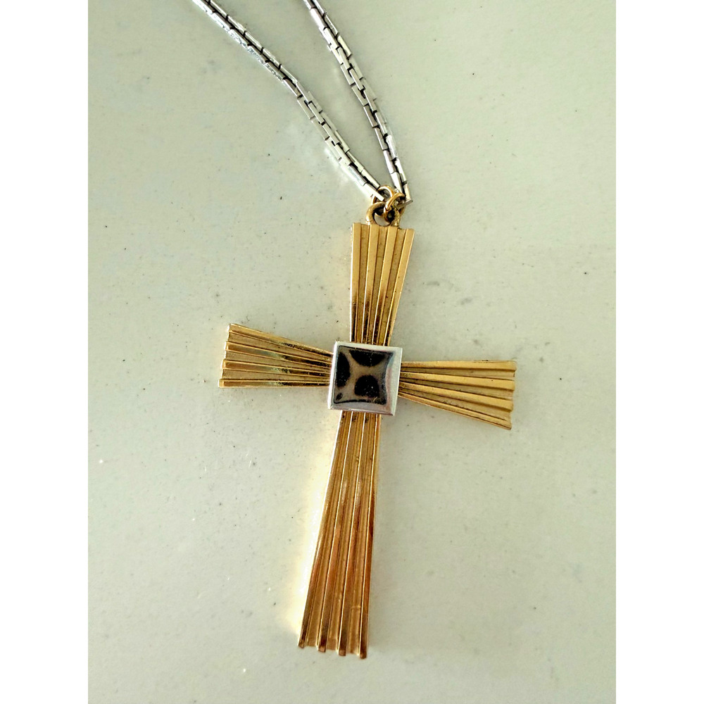 Vintage Napier Cross Necklace Two Tone Gold Silver Pendant, Retro 80s 90s - Picture 2 of 5